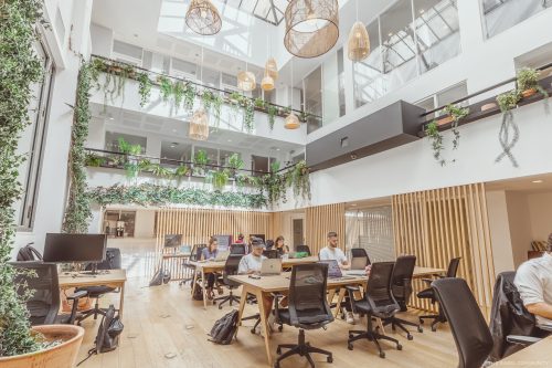 Poste de travail en openspace décoré avec soin en coworking à Marseille